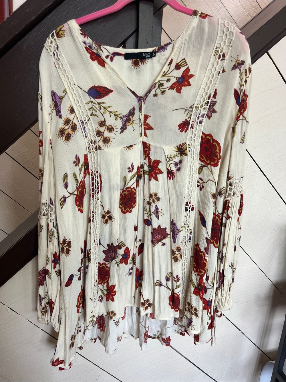 Mavi Ivory Floral Crochet-Trim Boho Blouse